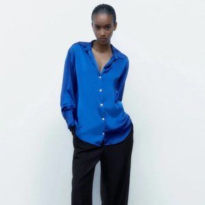 Zara Satin Blue Button Up Top